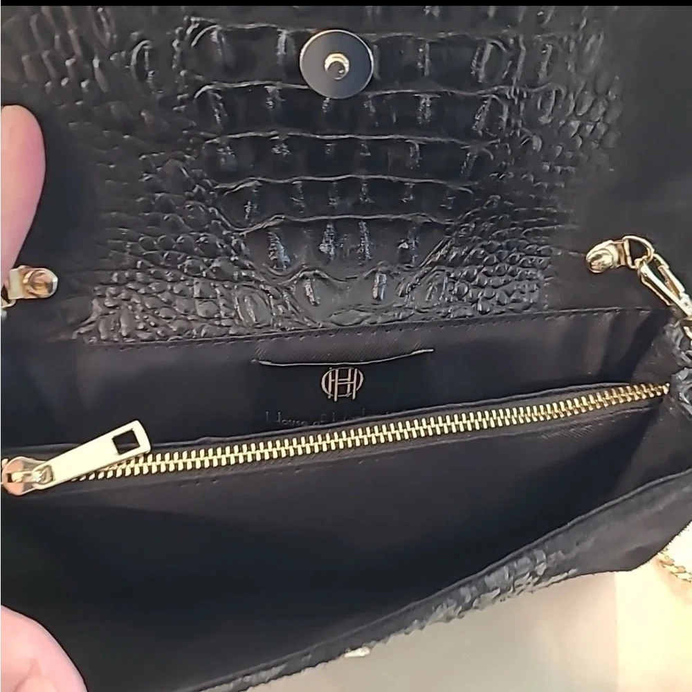 House of Harlow 1960 Black Croc-Embossed Clutch  with gold chain strap nwt